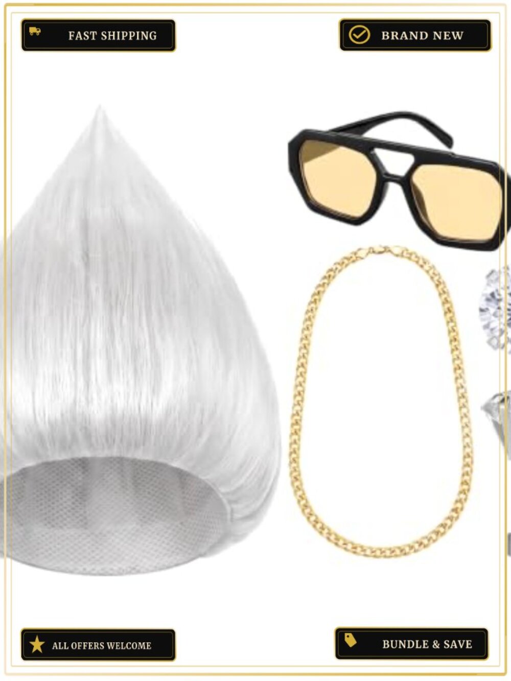 Silver Cosplay Wig Set with Yellow Glasses, Zircon Earrings & Gold Chain